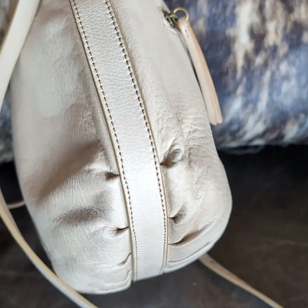 Lucky Brand Cream Colored Leather With Brass Ring/Tassel Crossbody Bag